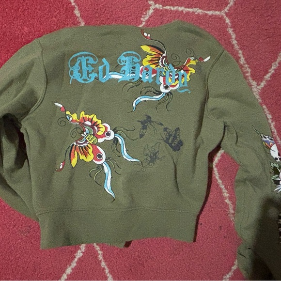 Ed Hardy’s Green Hoodie with Floral and Graphic Design - Picture 3 of 4